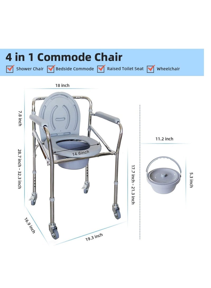 فوشان كرسي حمام متحرك قابل للطي مع مقعد ومسند ظهر، كرسي مرحاض متين للبالغين وكبار السن، مع دلو قابل للإزالة، أذرع قابلة للطي لسهولة النقل - Image 4